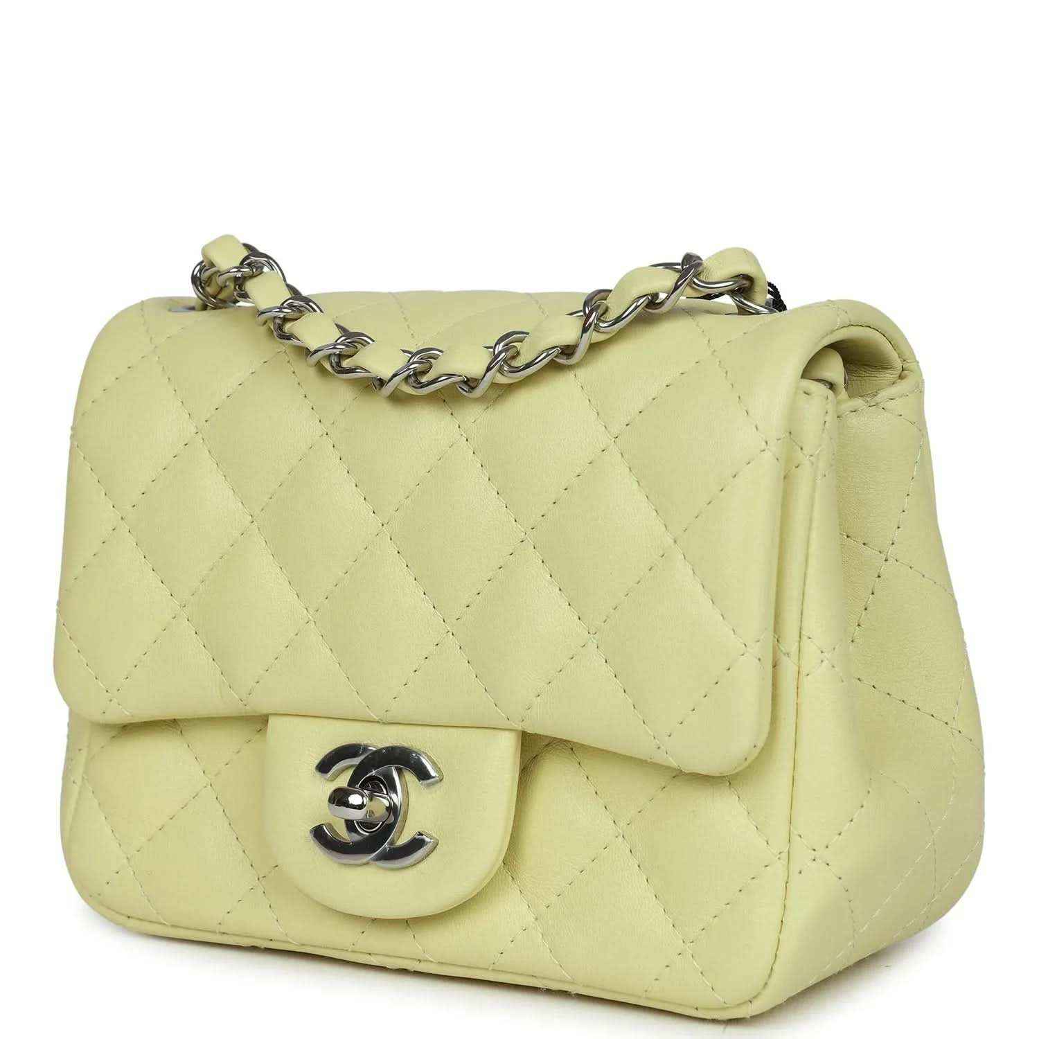 Lime quilted mini square flap bag with silver chain strap and CC turn-lock clasp