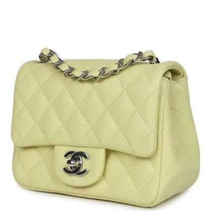 Lime quilted mini square flap bag with silver chain strap and CC turn-lock clasp