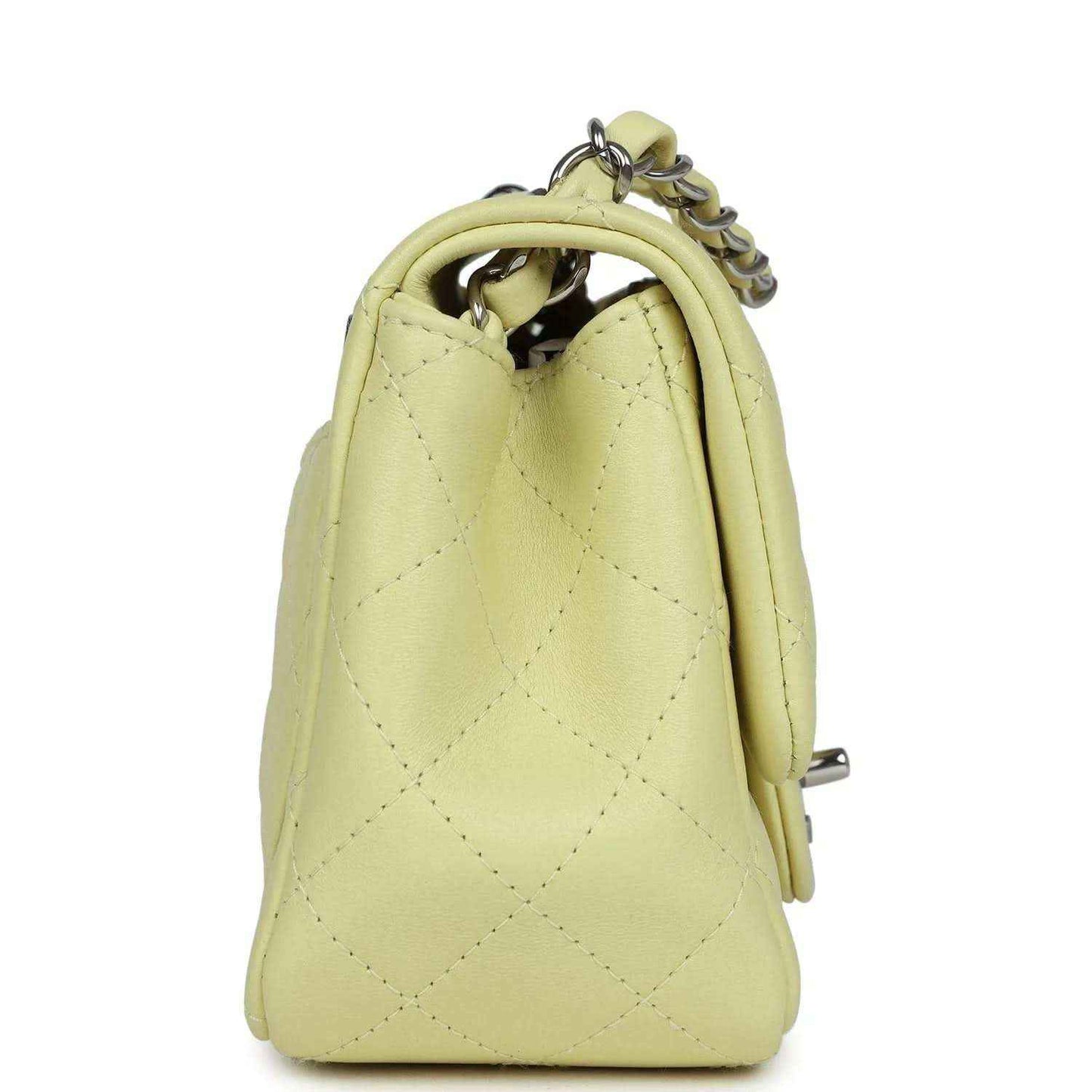 Lime quilted mini square flap bag, side view with leather handle and chain links