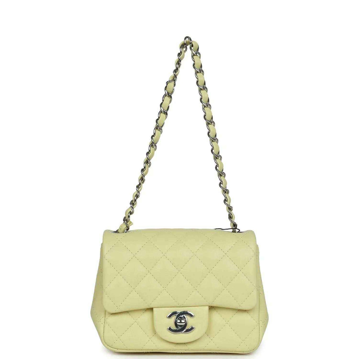 Lime mini square flap bag with chain strap and CC logo on the front flap