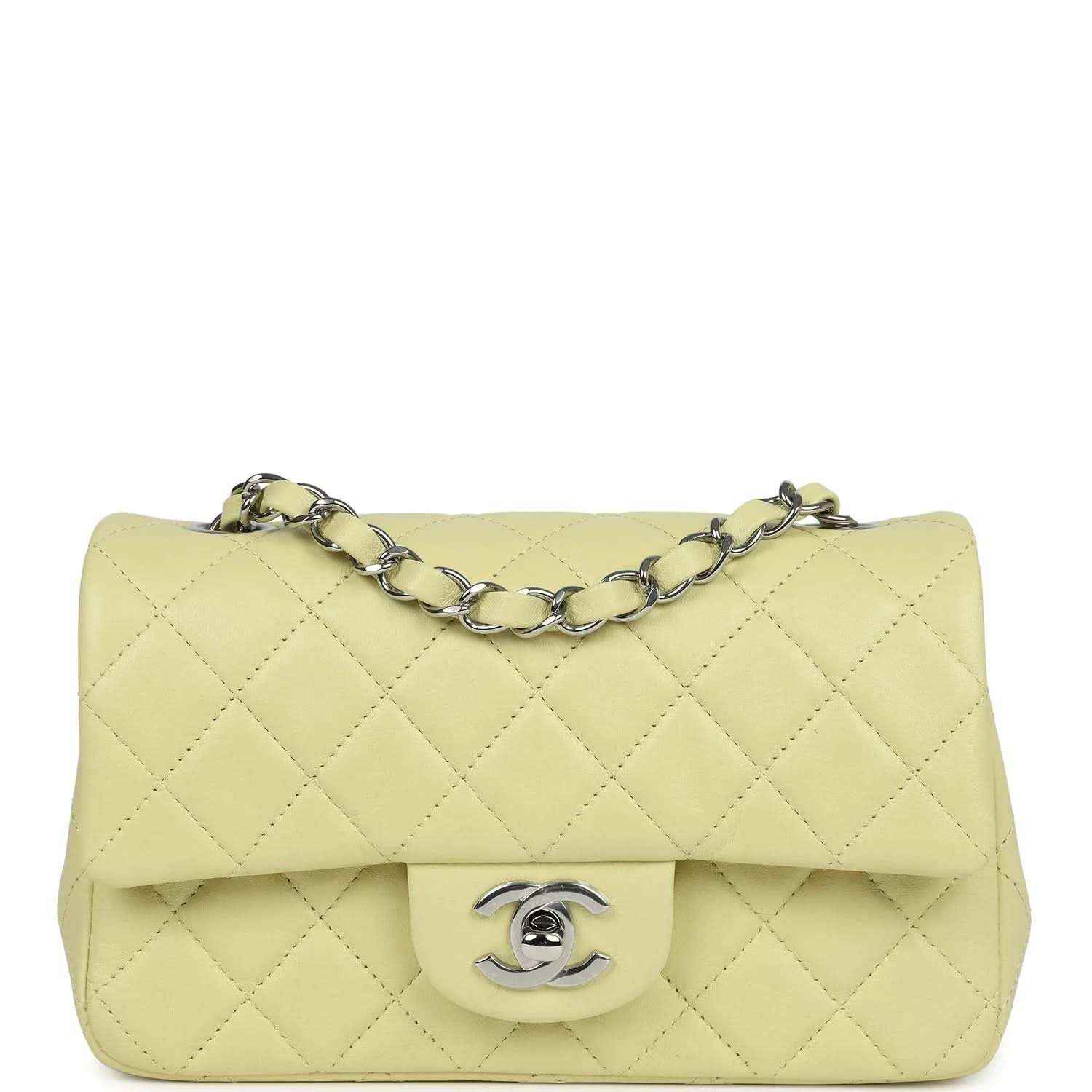 Lime mini rectangular flap bag with quilted lambskin and silver-tone chain strap