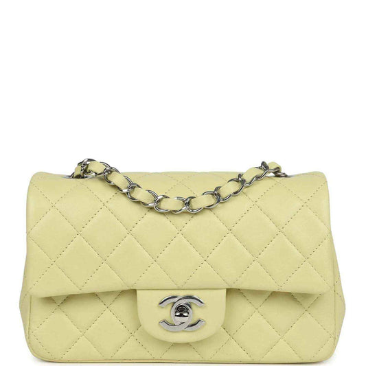 Lime mini rectangular flap bag with quilted lambskin and silver-tone chain strap