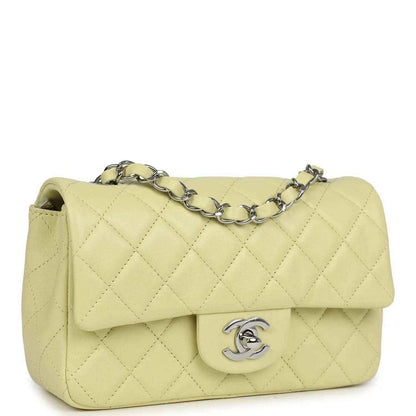 Lime mini rectangular flap bag with quilted lambskin, flap, and silver-tone Chanel logo