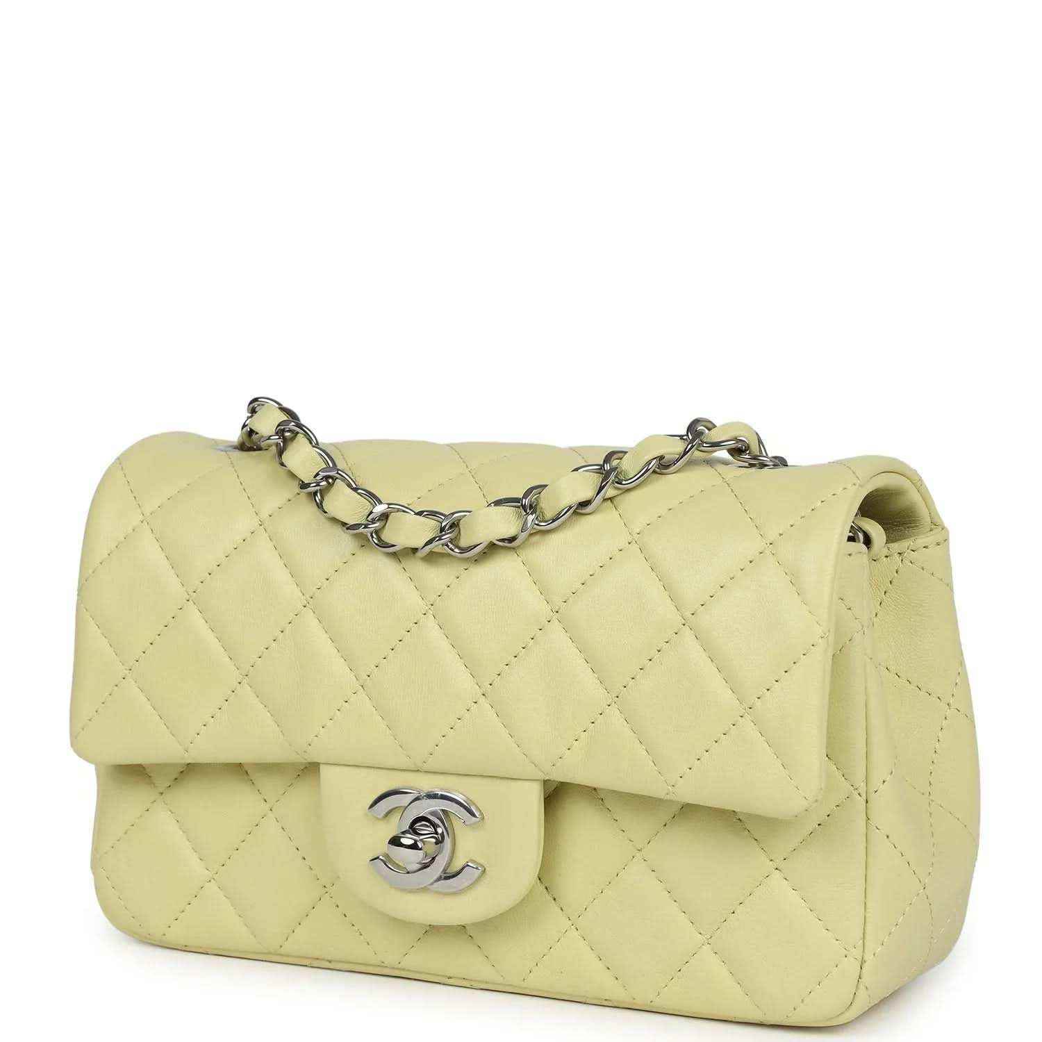 Lime mini rectangular flap bag front view with quilted lambskin and silver-tone logo