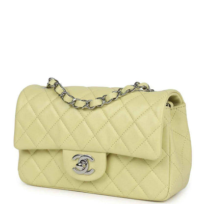 Lime mini rectangular flap bag front view with quilted lambskin and silver-tone logo