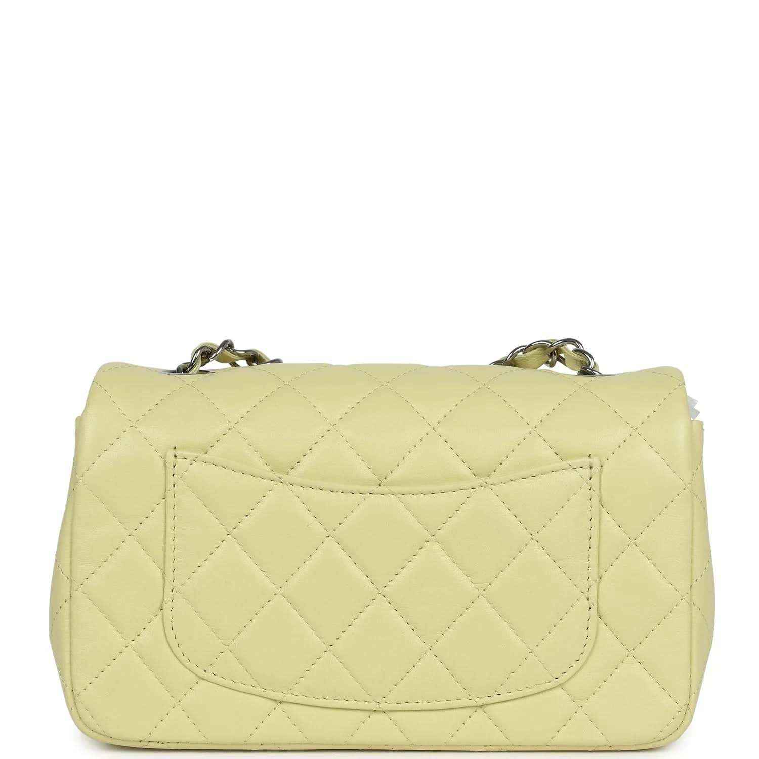 Lime mini rectangular flap bag back view with quilted lambskin and stitched pocket