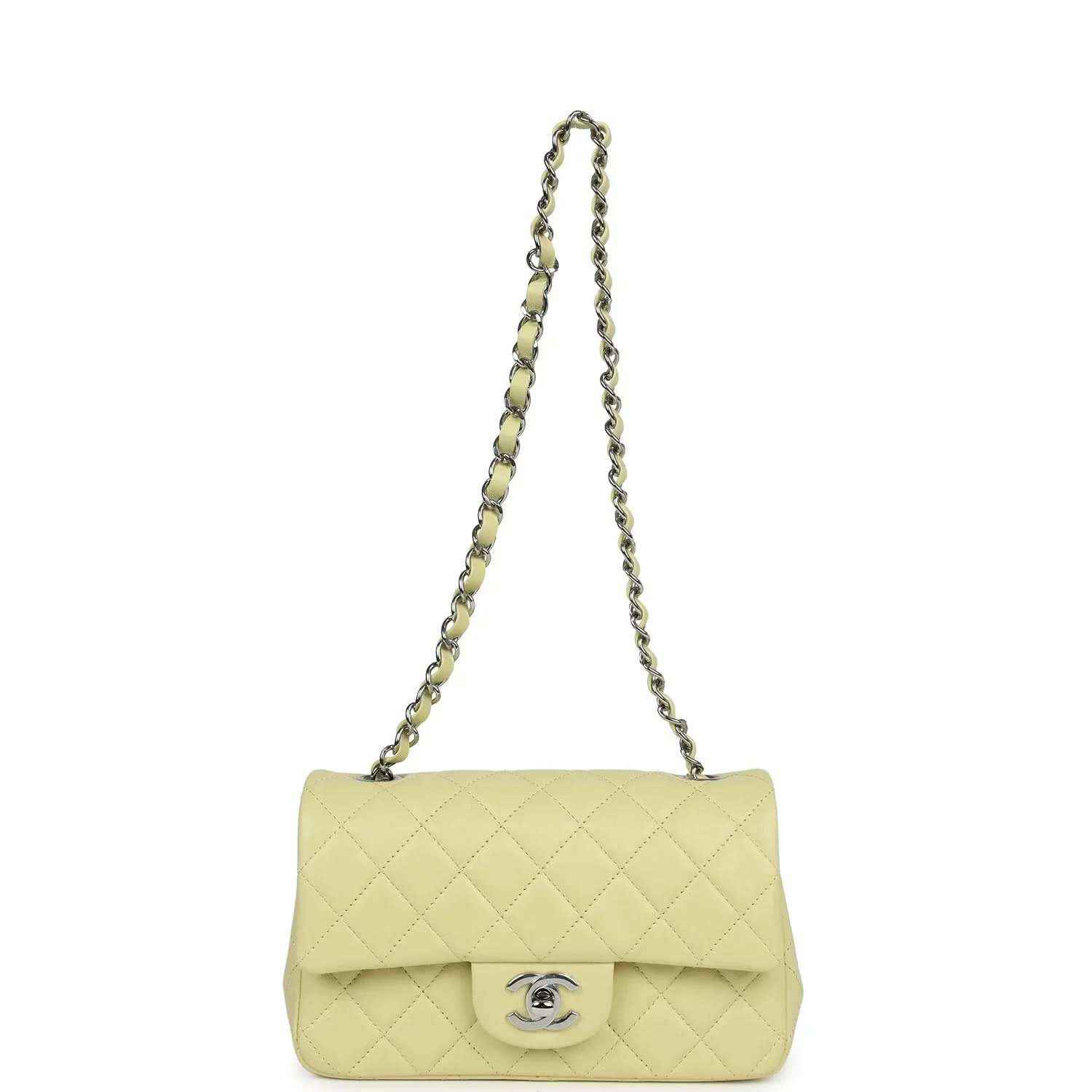Lime mini rectangular flap bag with chain strap, quilted lambskin, and silver-tone logo