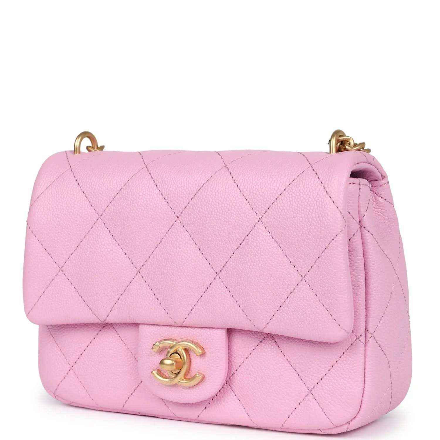 Pink diamond-quilted mini flap bag with CC logo front and gold chain strap
