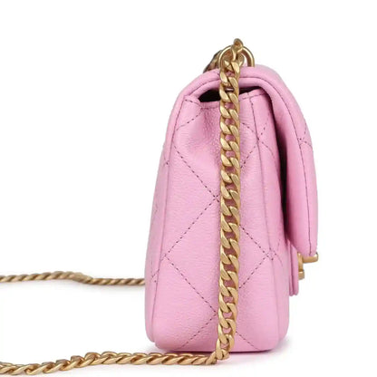 Pink mini flap bag side view with gold chain, quilted leather, and top ring detail