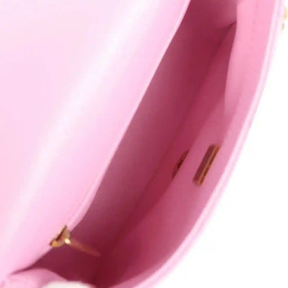 Pink leather interior view with stitched edge and gold-tone zipper pull