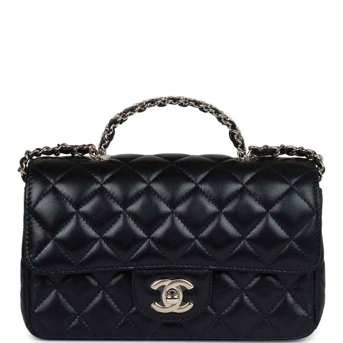 Mini rectangular flap bag in black quilted leather with top chain handle and CC logo clasp