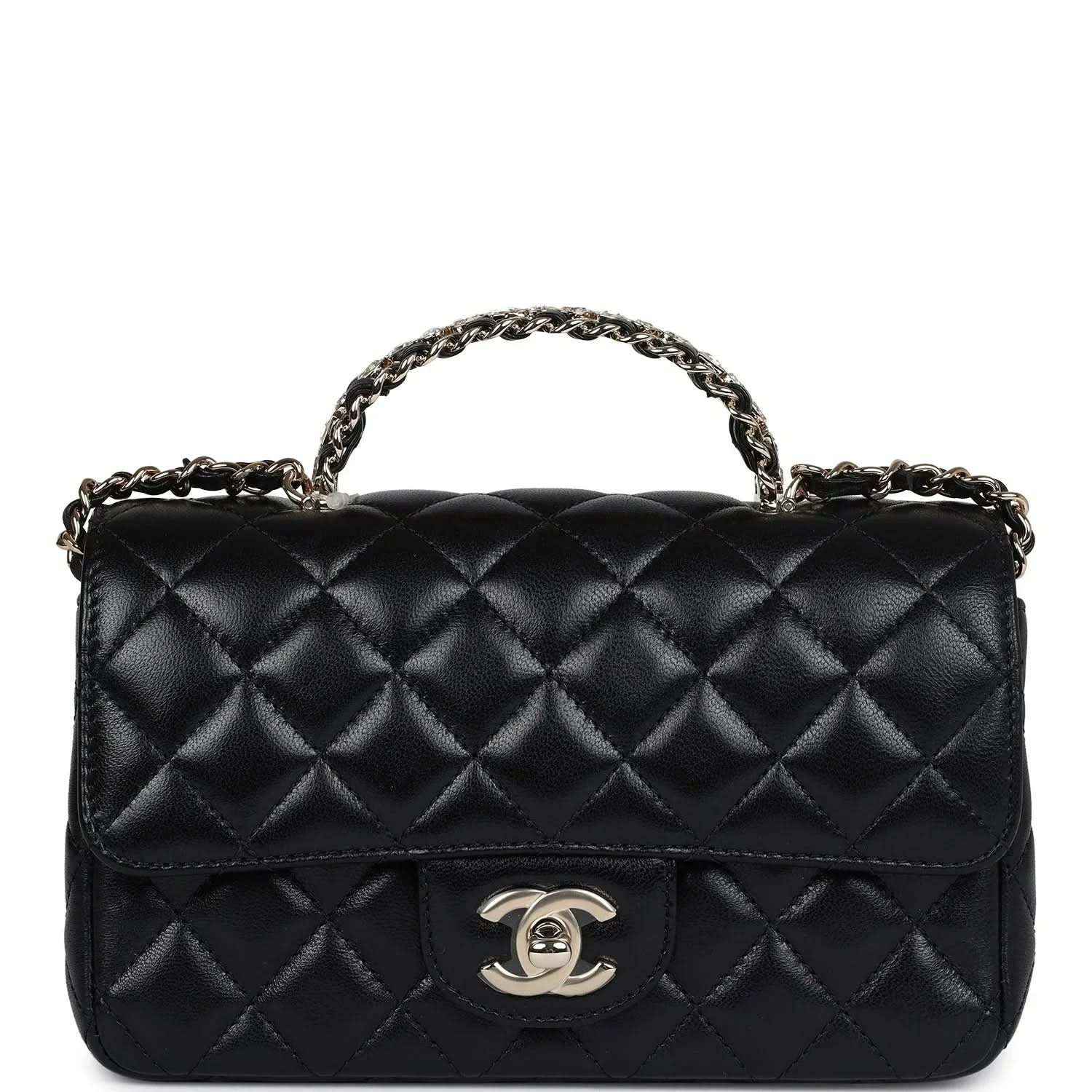Mini rectangular flap bag in black quilted leather with top chain handle and CC logo clasp
