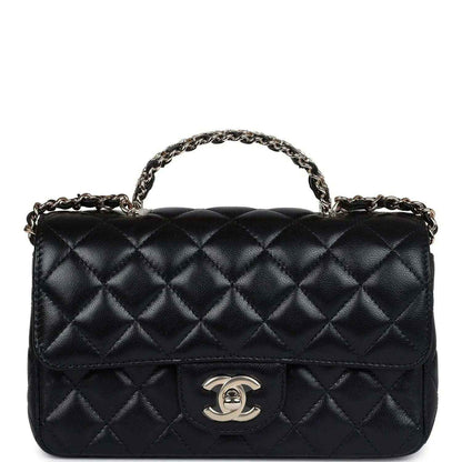 Mini rectangular flap bag in black quilted leather with top chain handle and CC logo clasp