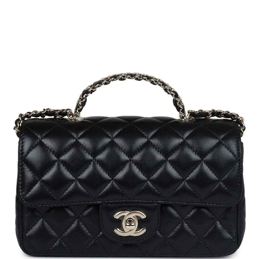 Mini rectangular flap bag in black quilted leather with top chain handle and CC logo clasp
