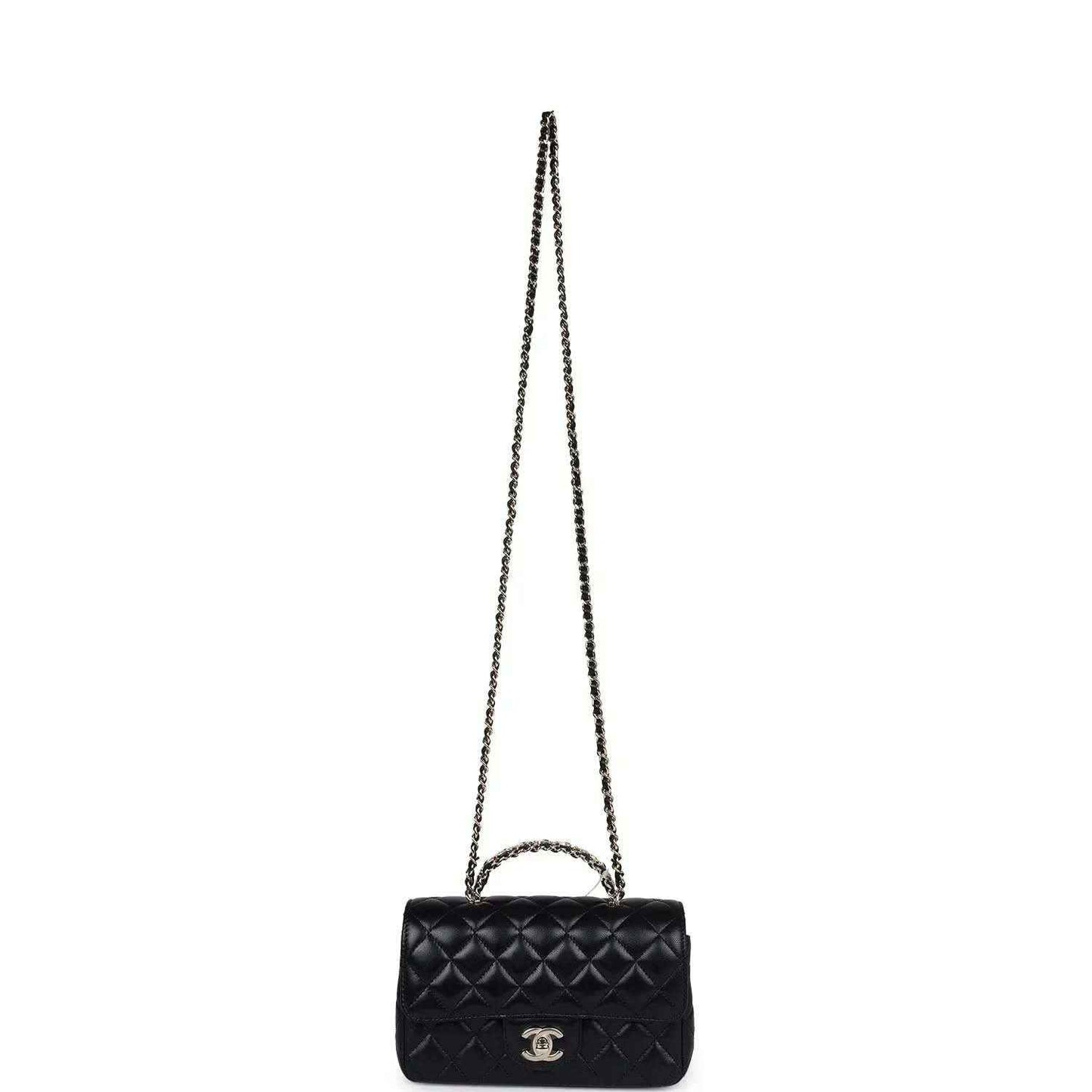 Mini black quilted flap bag with long chain strap and CC logo on front