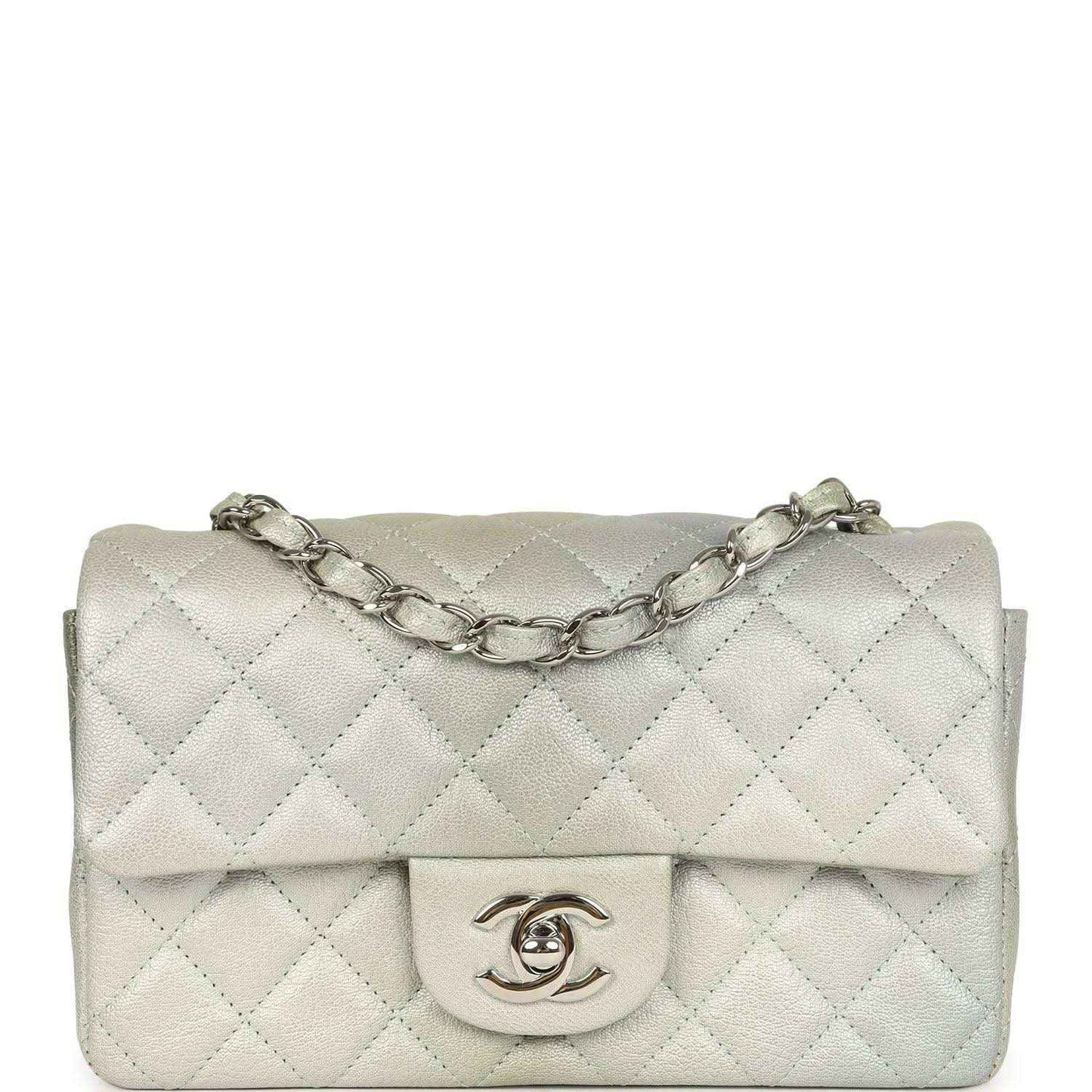 Mini rectangular flap bag in quilted grey-green leather with chain strap and CC logo