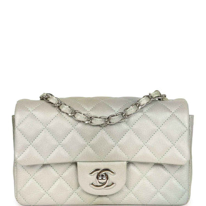 Mini rectangular flap bag in quilted grey-green leather with chain strap and CC logo