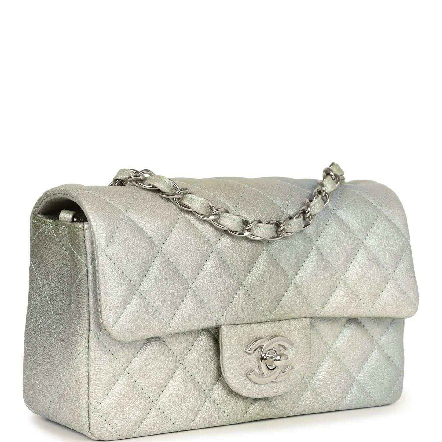 Mini rectangular flap bag with quilted leather texture, chain strap, and front CC clasp