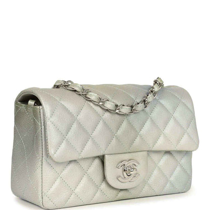 Mini rectangular flap bag with quilted leather texture, chain strap, and front CC clasp