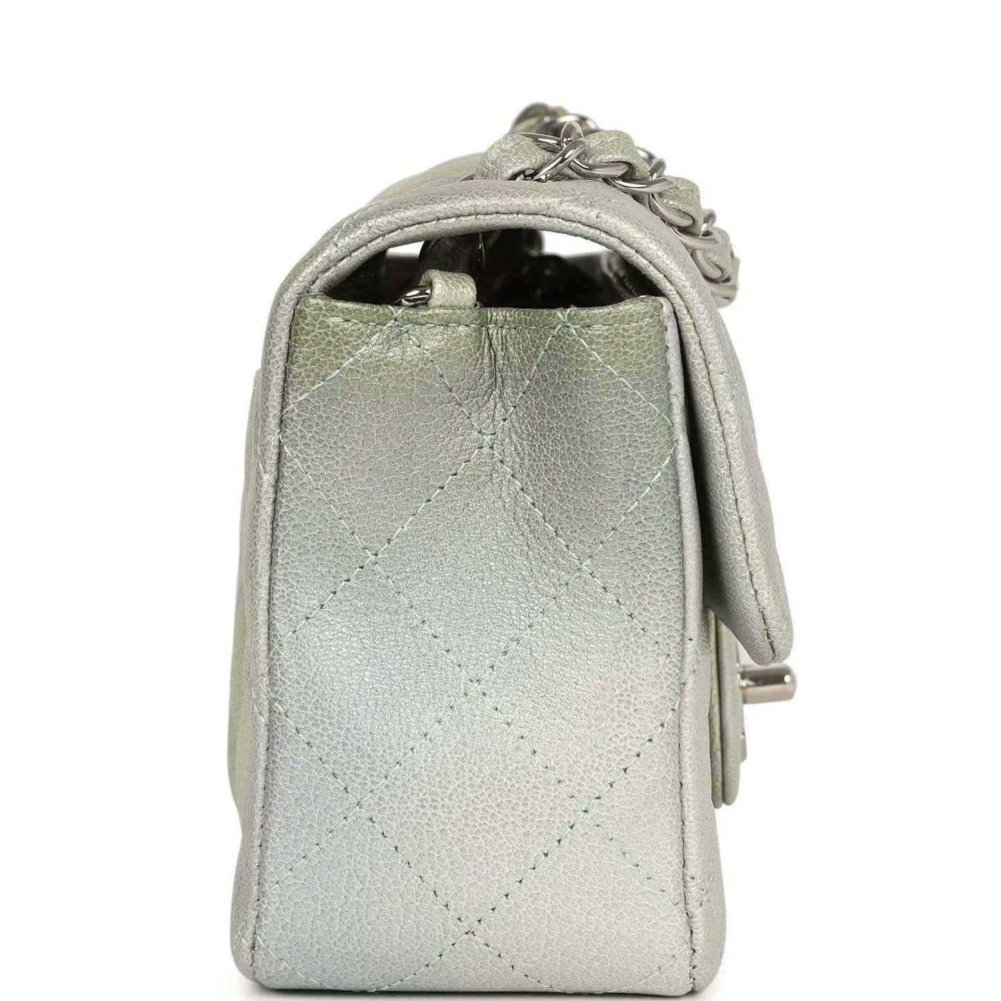 Mini rectangular flap bag back panel in quilted leather with chain and side pull tab