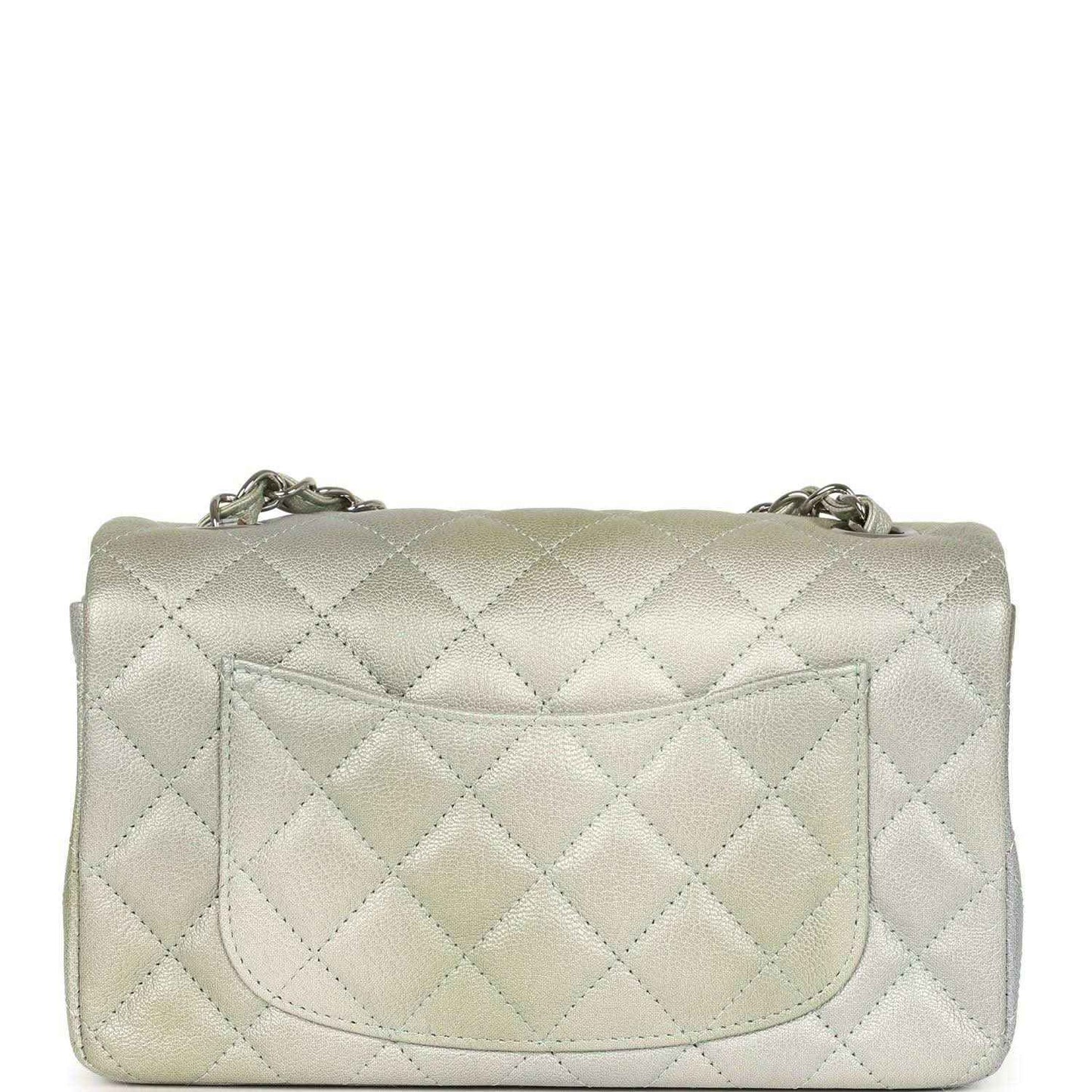 Mini rectangular flap bag with quilted front panel, hinged flap, and CC logo