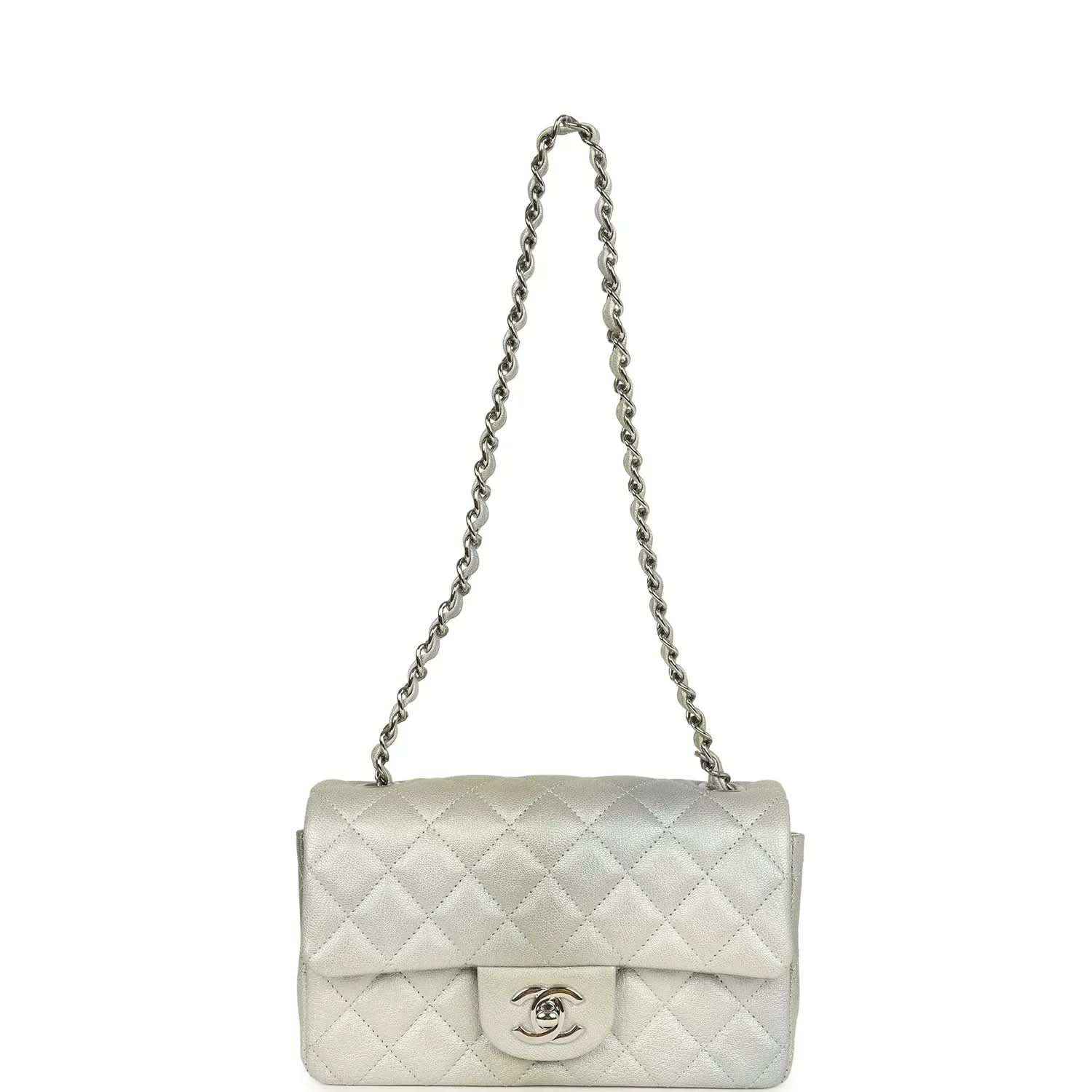 Mini rectangular flap bag with chain strap and quilted front featuring CC logo