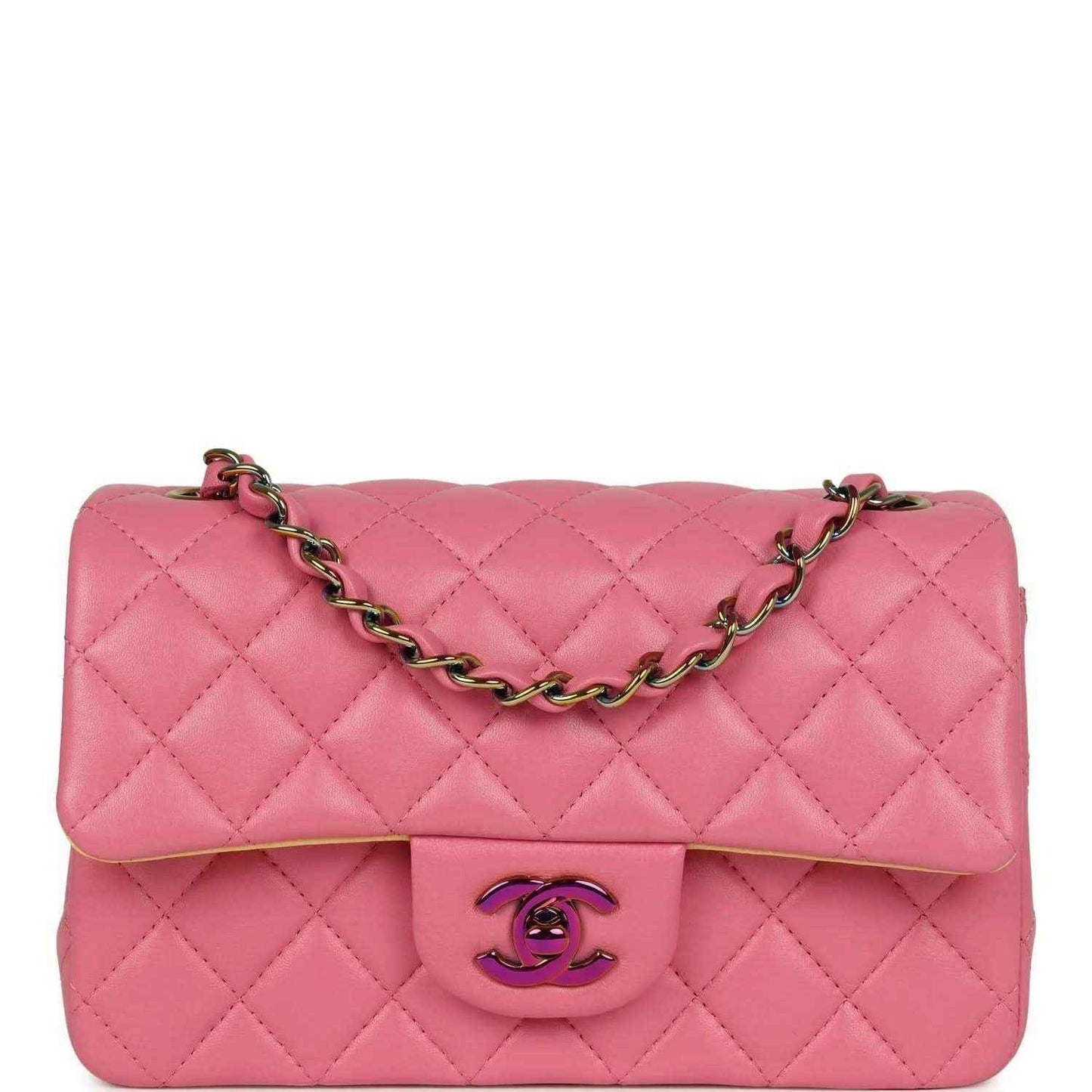 Mini rectangular flap bag in pink quilted lambskin with top flap and chain strap