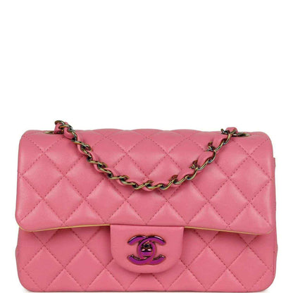 Mini rectangular flap bag in pink quilted lambskin with top flap and chain strap