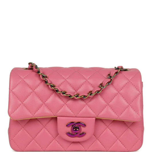 Mini rectangular flap bag in pink quilted lambskin with top flap and chain strap
