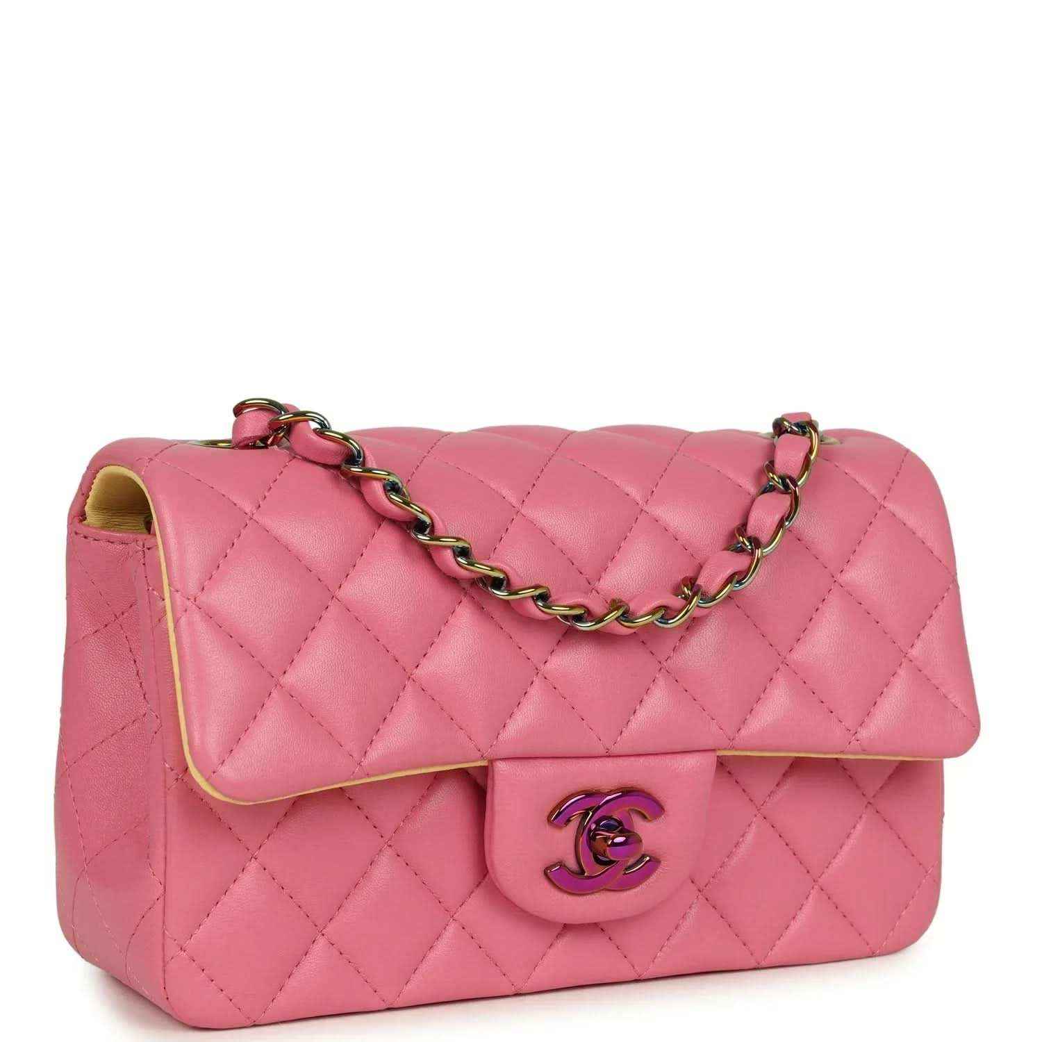 Mini rectangular flap bag with pink quilted lambskin, front logo medallion, chain strap