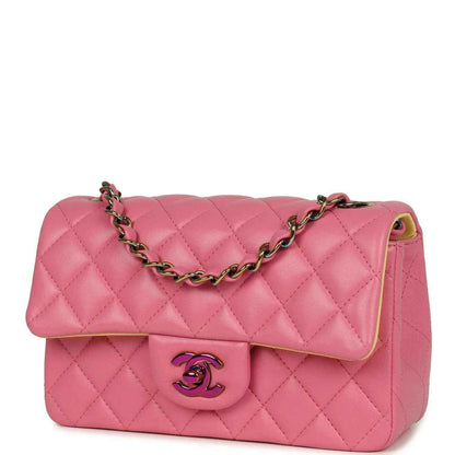 Mini rectangular flap bag with pink quilted finish, front logo plaque, chain shoulder strap