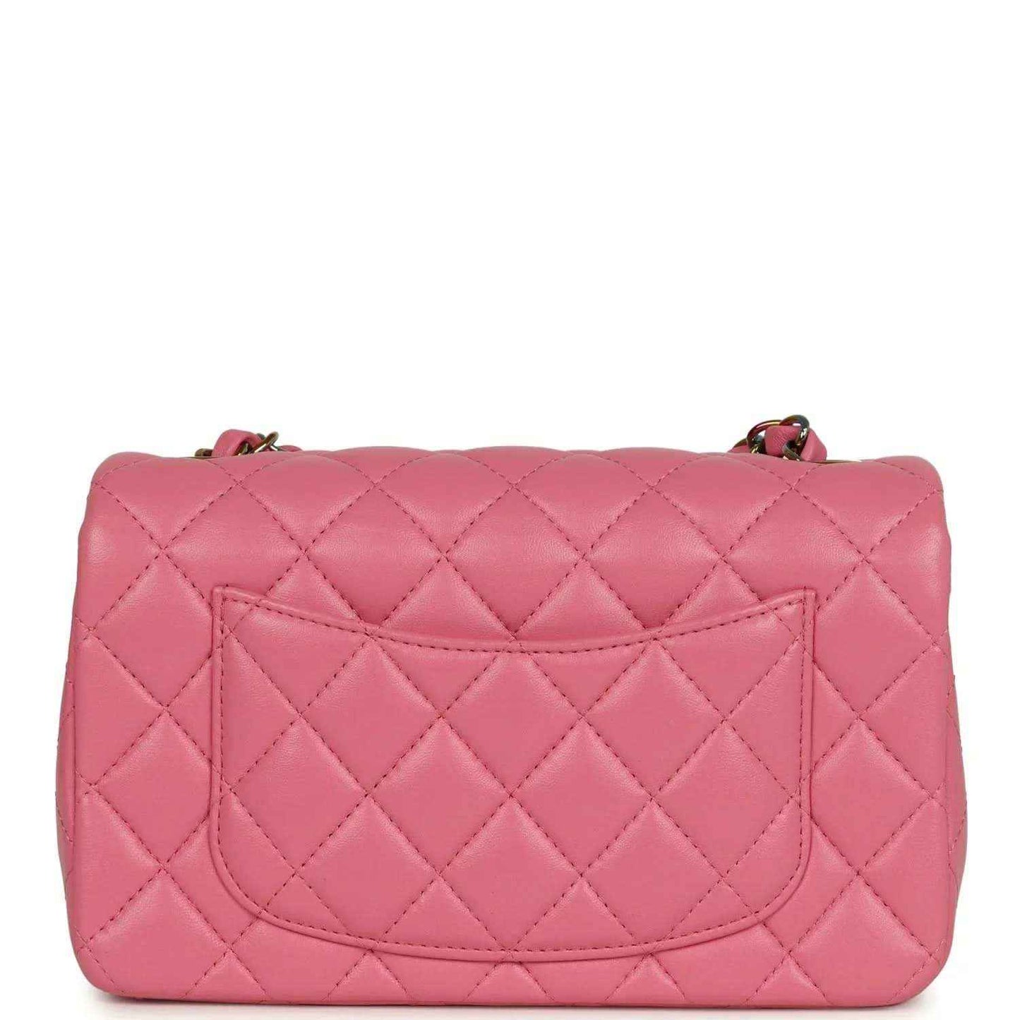 Mini rectangular flap bag in pink quilted lambskin with top flap and chain strap