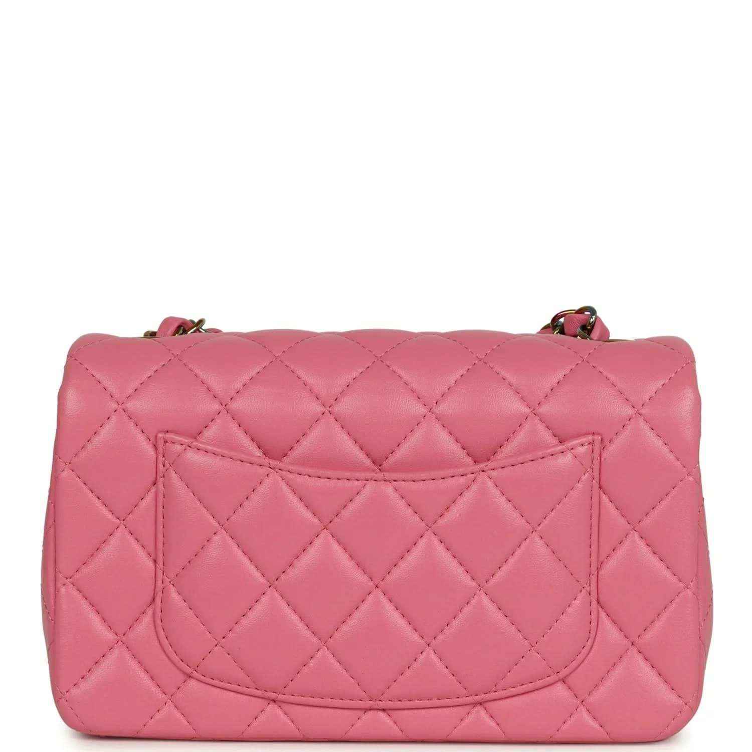 Mini rectangular flap bag in pink quilted lambskin with top flap and chain strap