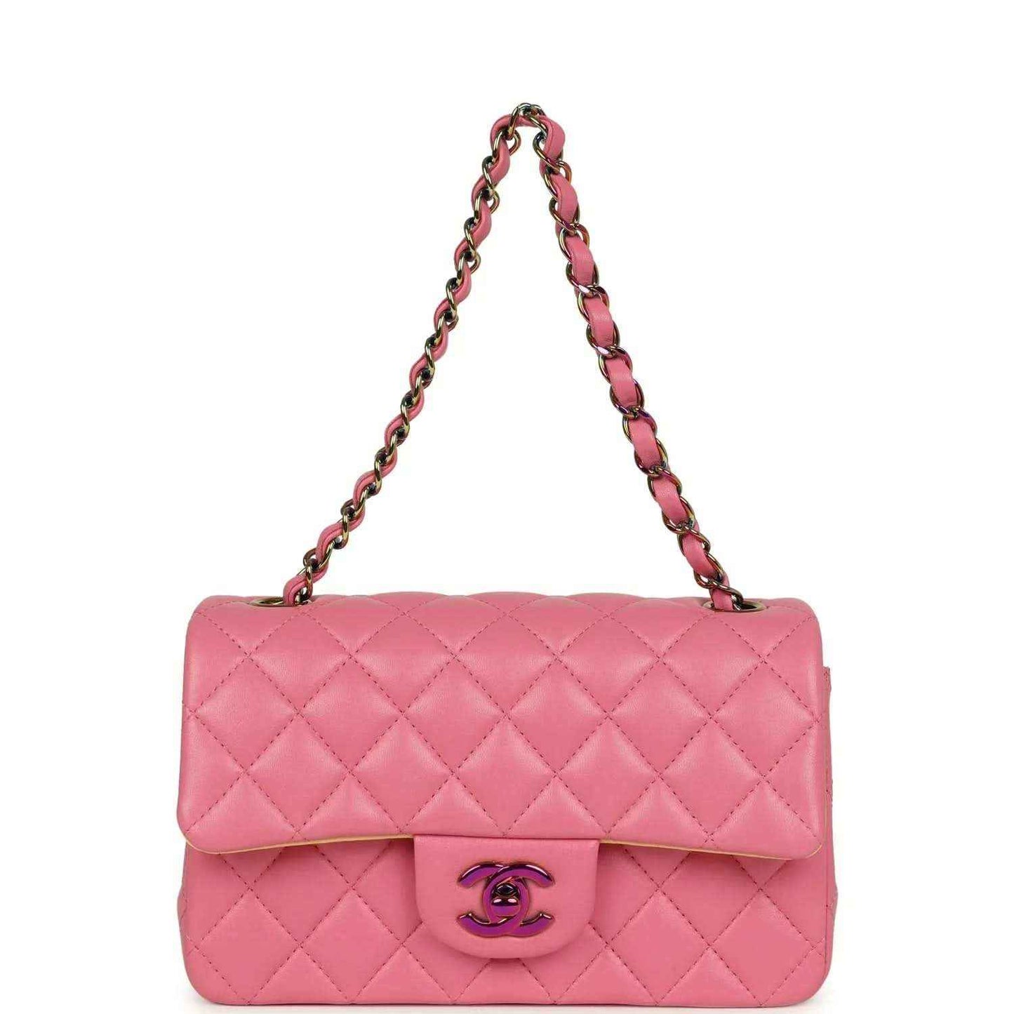 Mini rectangular flap bag with pink quilted lambskin and chain shoulder strap