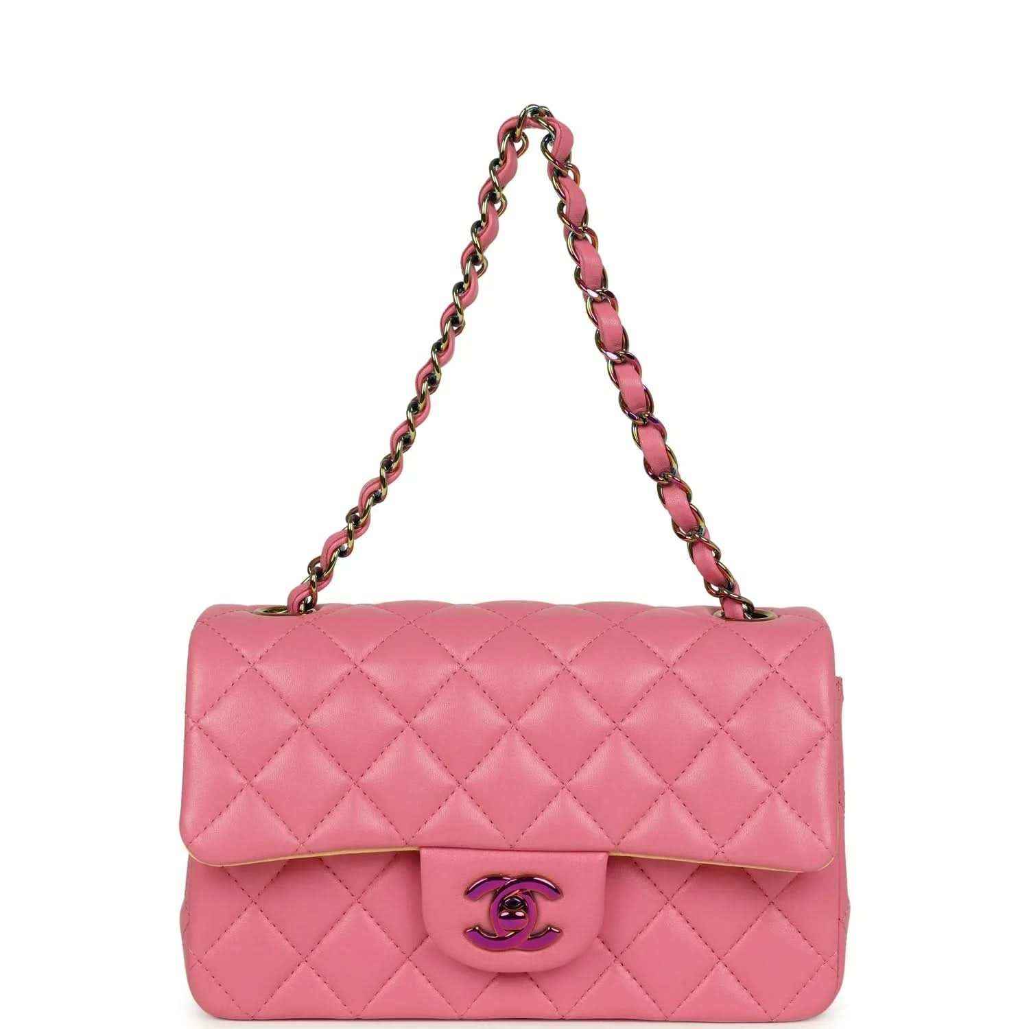 Mini rectangular flap bag with pink quilted lambskin and chain shoulder strap