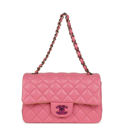 Mini rectangular flap bag with pink quilted lambskin and chain shoulder strap