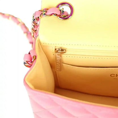 Mini flap bag interior with beige lining, zipper pocket, and pink leather trim