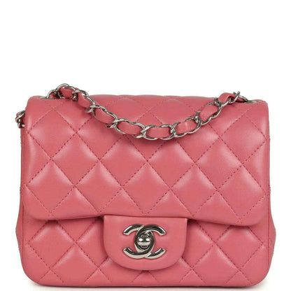 Pink quilted lambskin mini flap bag with silver chain strap and CC logo clasp