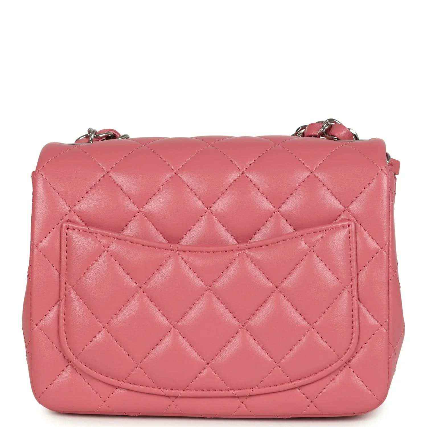 Pink quilted lambskin mini flap bag back with stitched flap pocket and CC logo