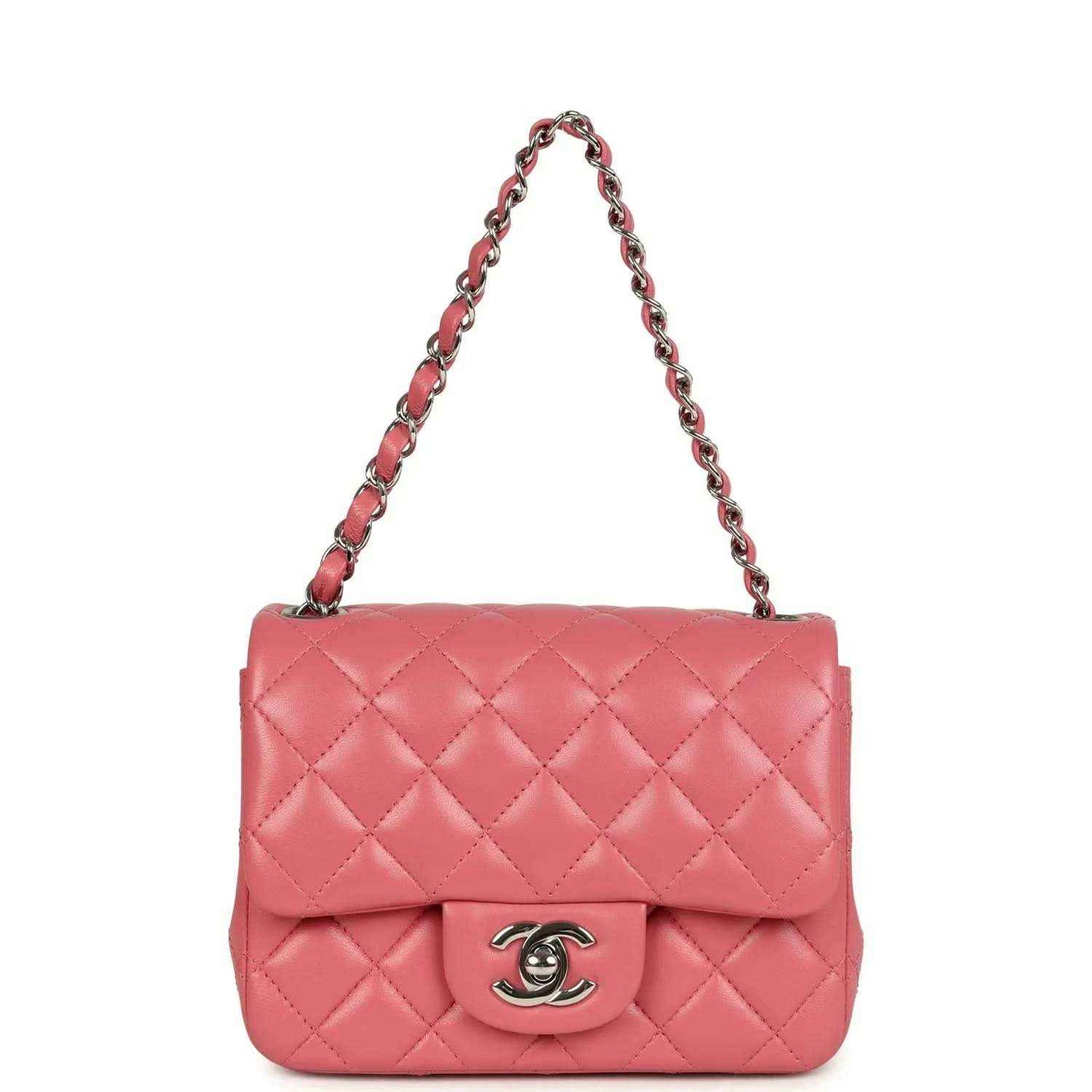 Pink quilted mini flap bag top view with silver chain strap and CC logo