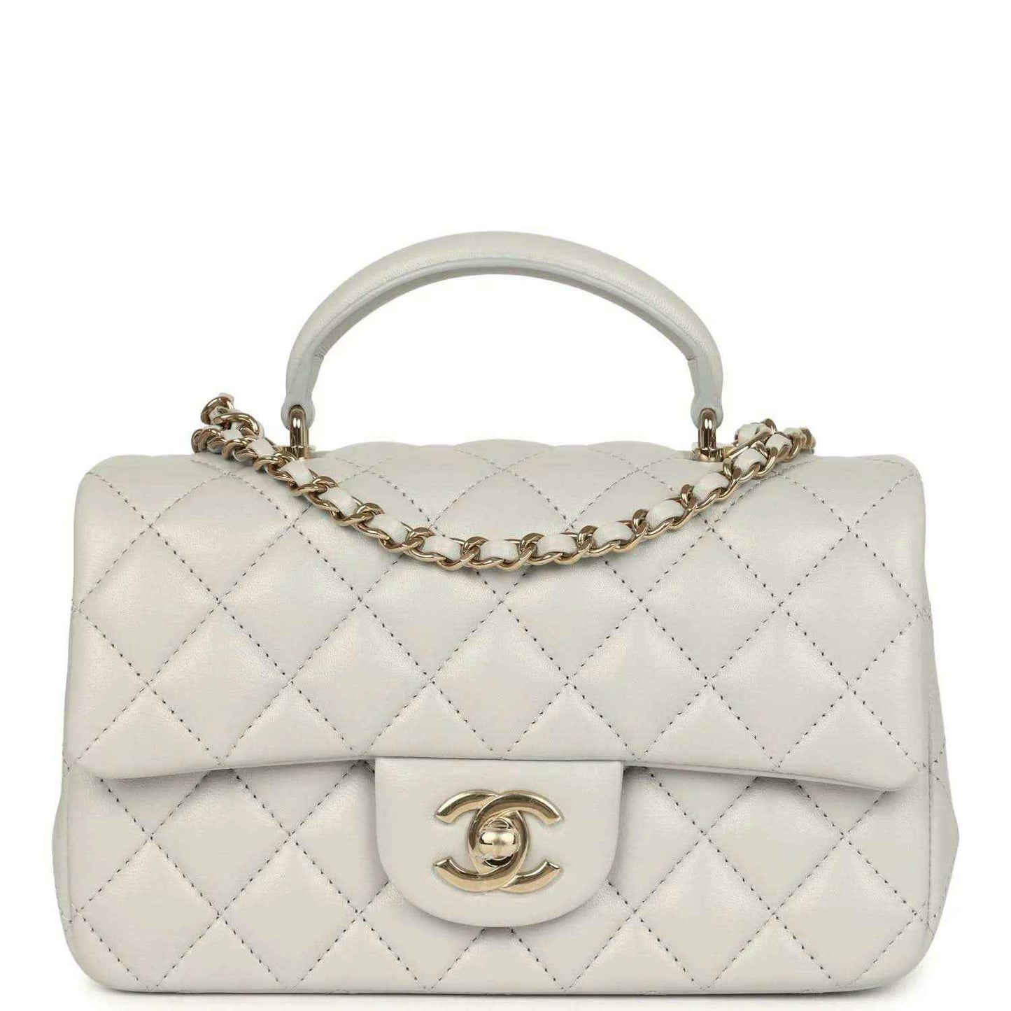 Chanel mini flap bag, quilted light leather, top handle with chain strap