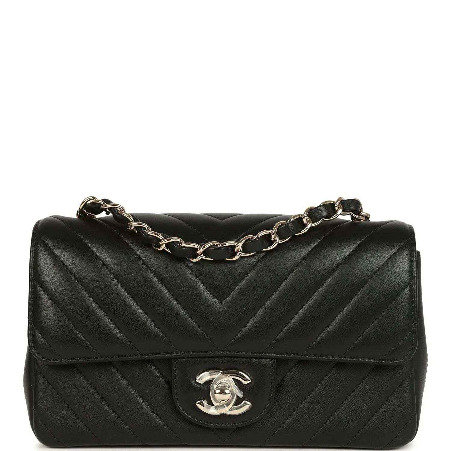 Chanel mini rectangular chevron flap bag, black lambskin with gold chain strap