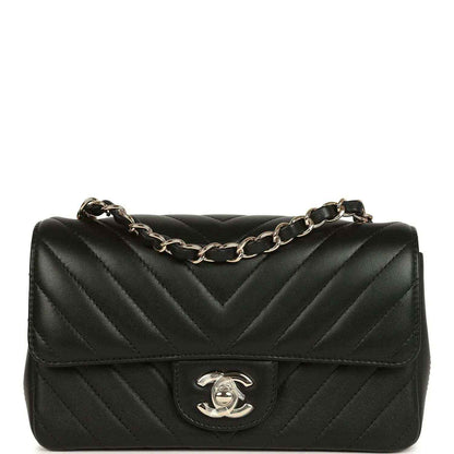 Chanel mini rectangular chevron flap bag, black lambskin with gold chain strap