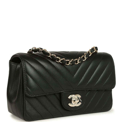 Chanel mini rectangular chevron flap bag, black lambskin with quilted chevron front