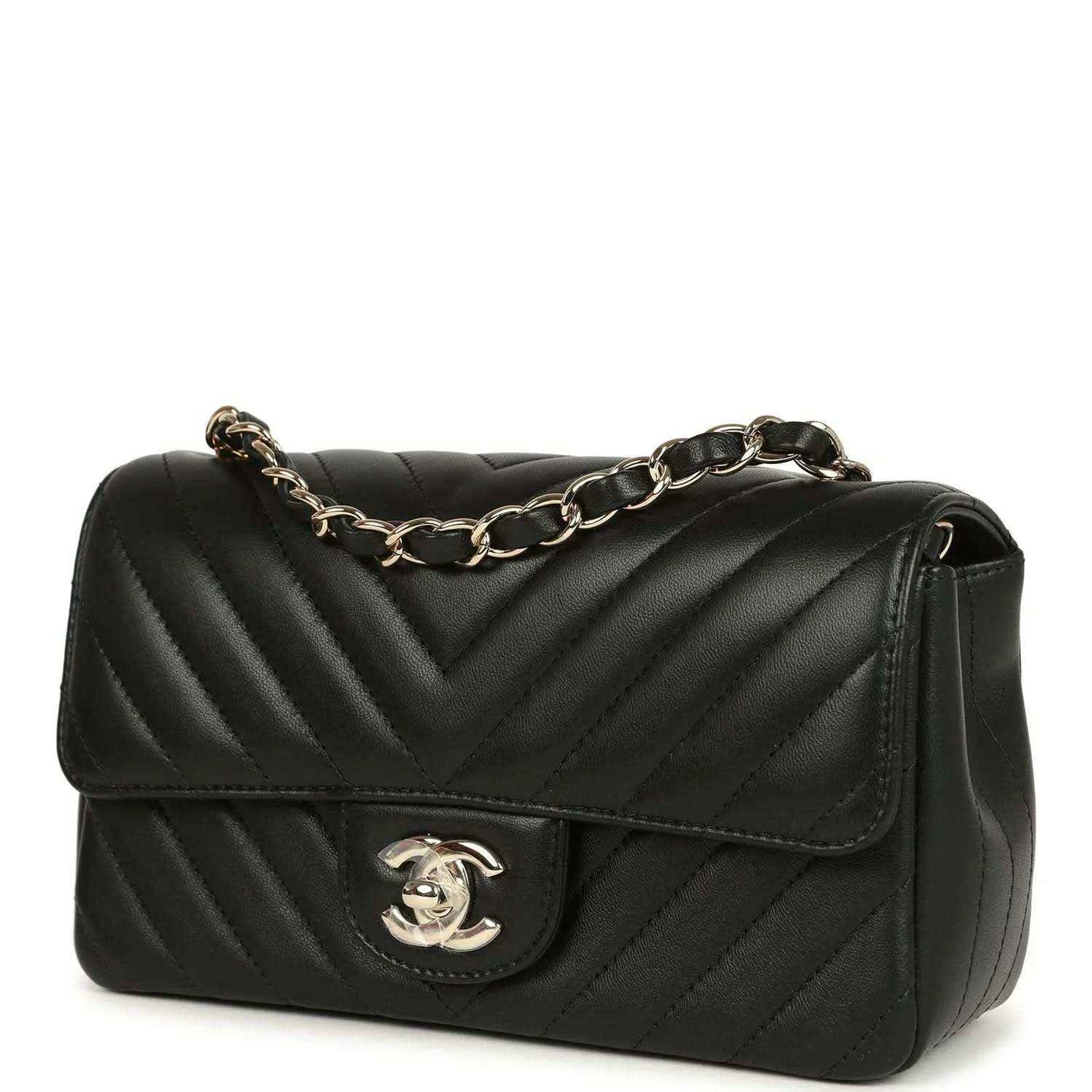 Chanel mini rectangular chevron flap bag, black lambskin with curved flap and CC clasp