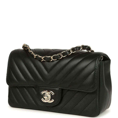 Chanel mini rectangular chevron flap bag, black lambskin with curved flap and CC clasp