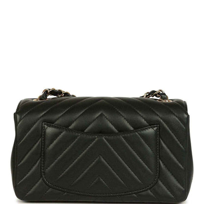 Chanel mini rectangular chevron flap bag, black lambskin with chevron quilted back