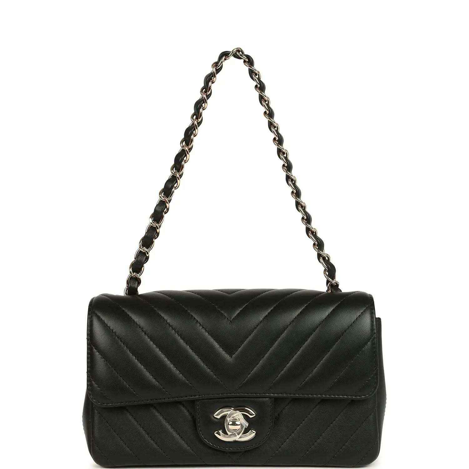 Chanel mini rectangular chevron flap bag, black lambskin with gold chain shoulder strap