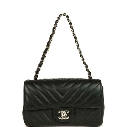 Chanel mini rectangular chevron flap bag, black lambskin with gold chain shoulder strap