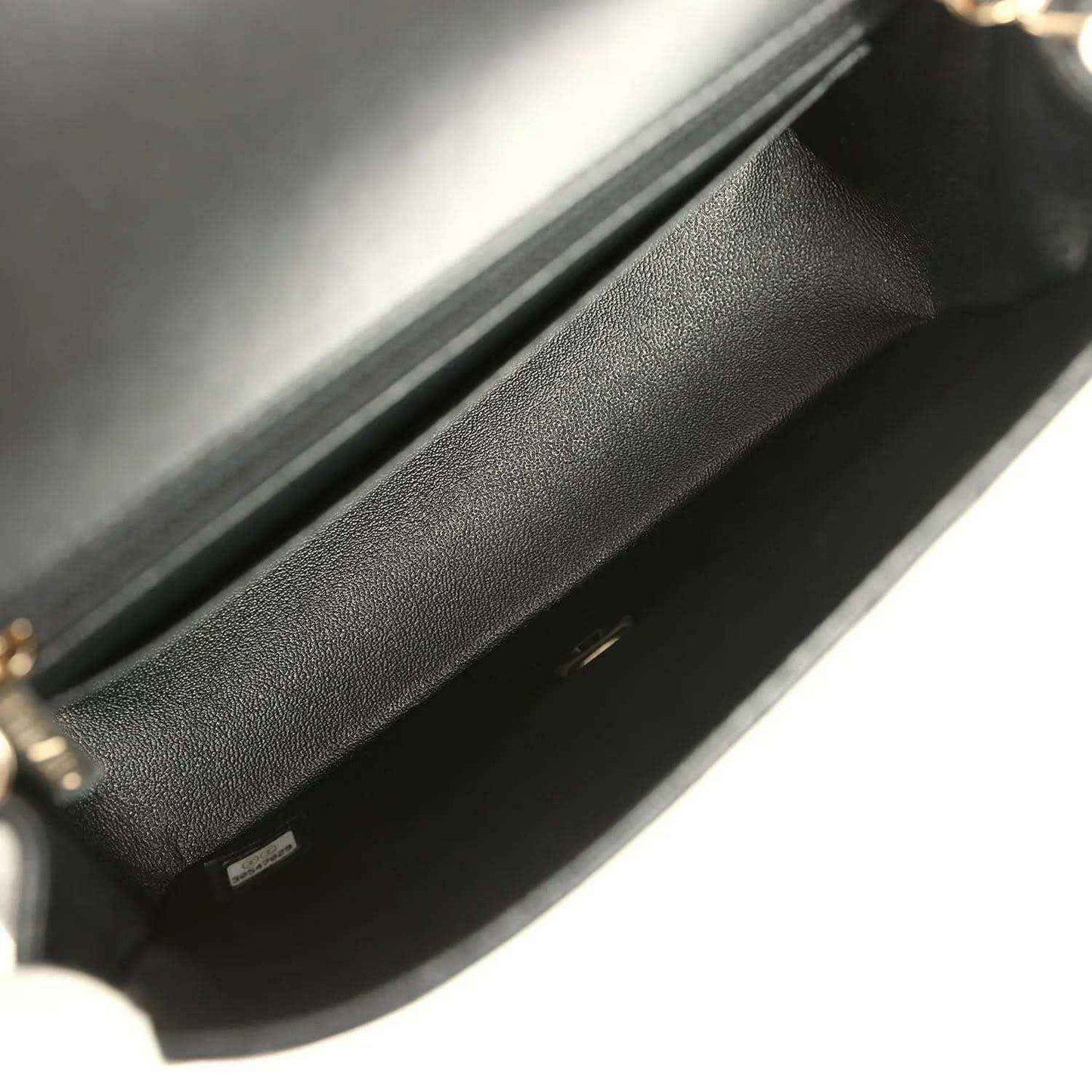Chanel mini flap bag interior, black leather lining and top edge stitching